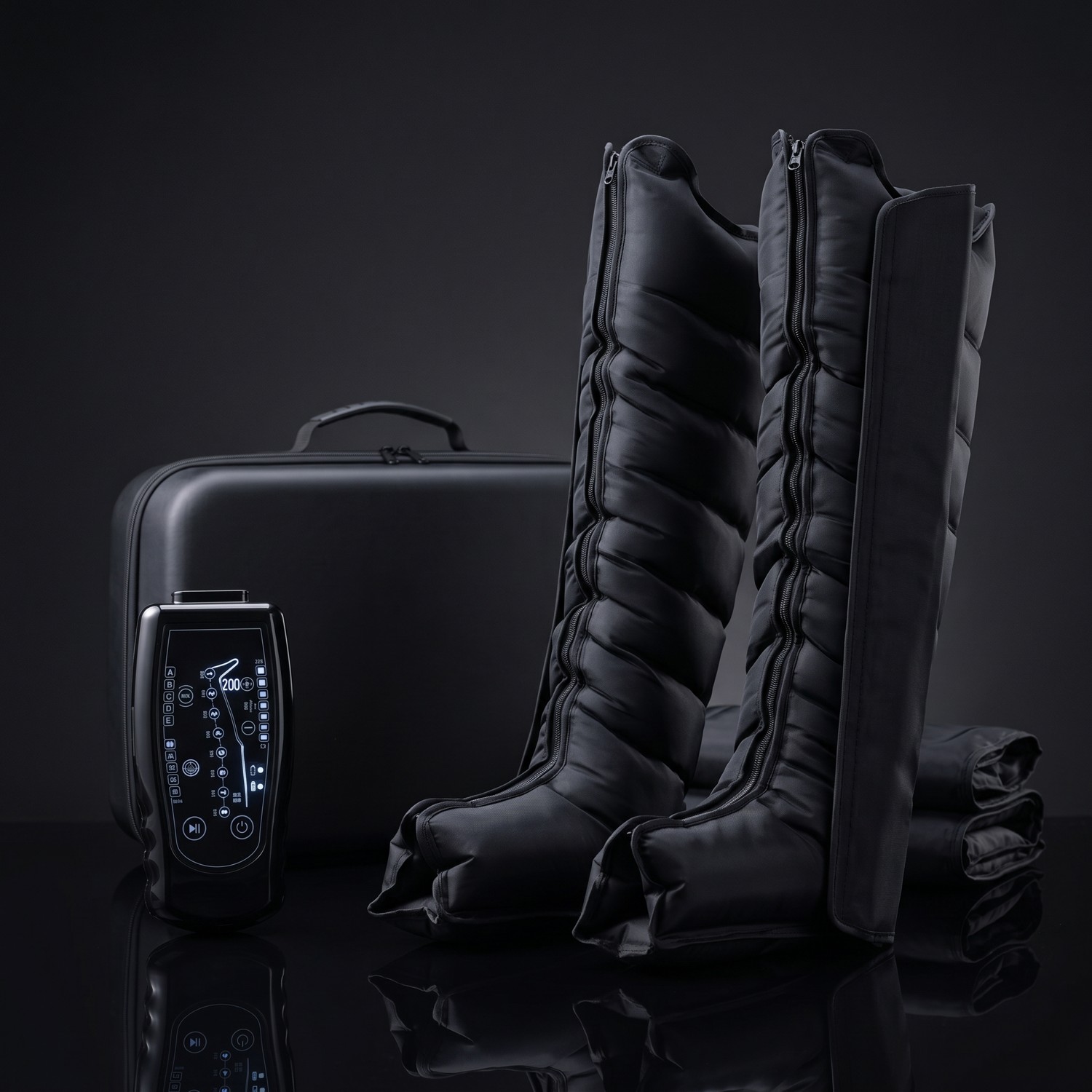 Pneuva air-compression recovery boots and handheld controller on a dark studio background